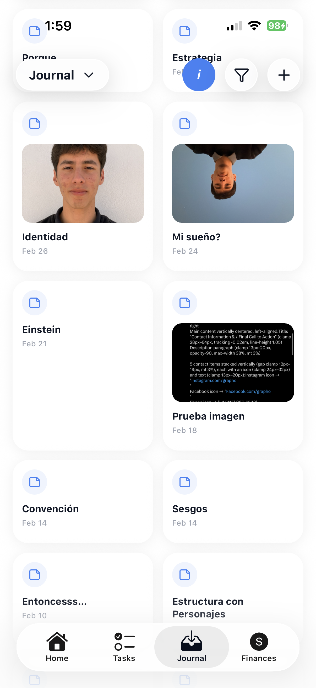 Journal feature screen