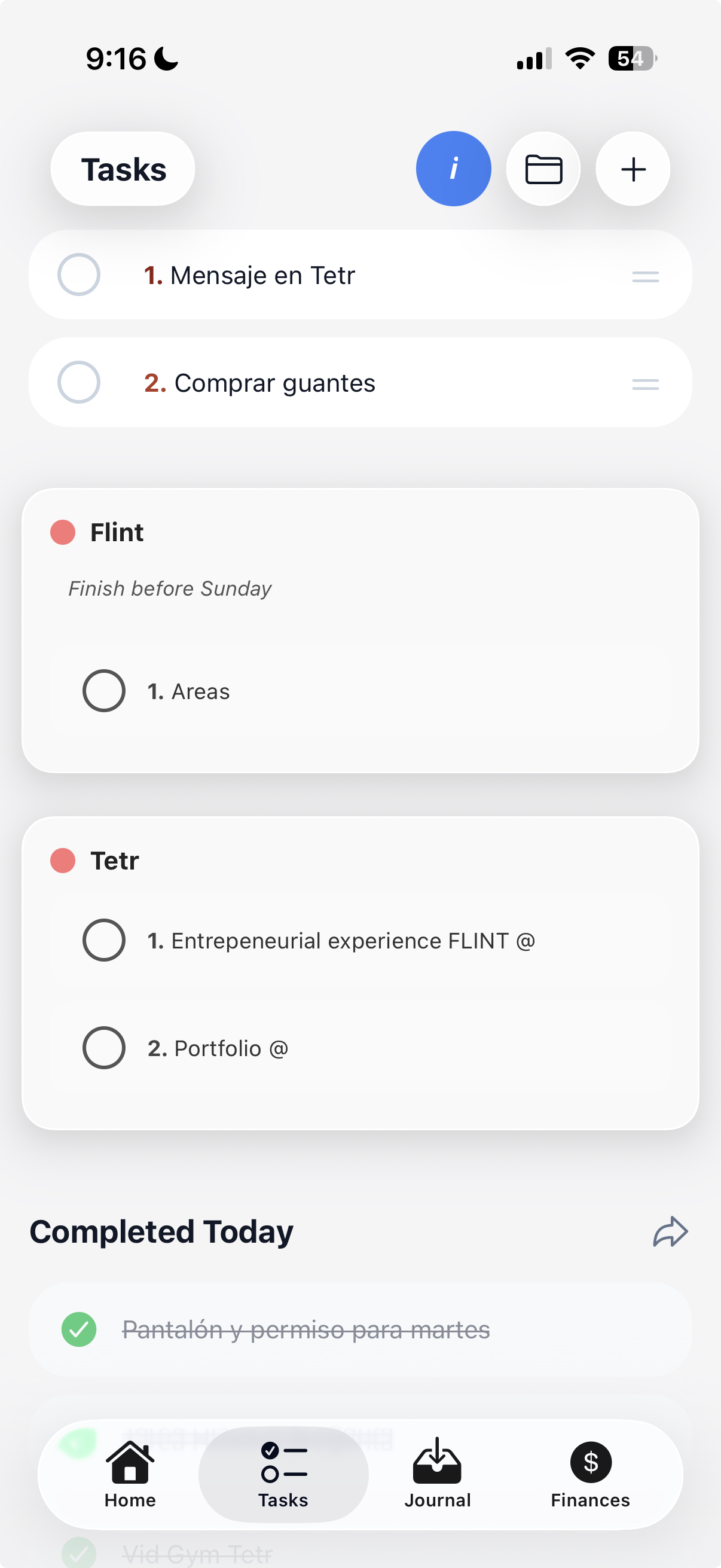Tasks feature screen